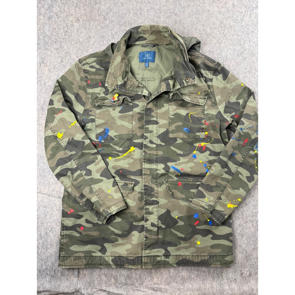 George Field Jacket Mens L Camo Green Cotton Military Paint Splatter Emoji Hood